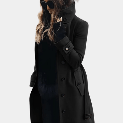 Women's Long Winter Coat with Stand Collar and Button Closure
