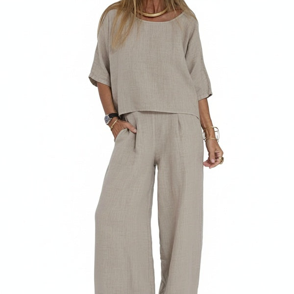Women's Loose Fit Clothing Set with Three-Quarter Sleeves and Wide-Leg Trousers