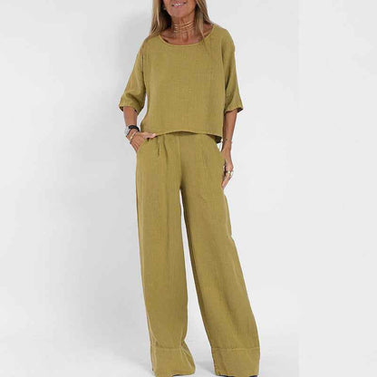 Women's Loose Fit Clothing Set with Three-Quarter Sleeves and Wide-Leg Trousers