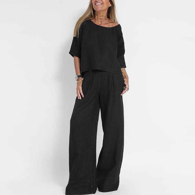 Women's Loose Fit Clothing Set with Three-Quarter Sleeves and Wide-Leg Trousers