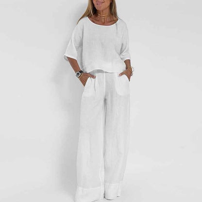 Women's Loose Fit Clothing Set with Three-Quarter Sleeves and Wide-Leg Trousers