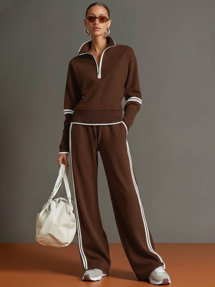 Women's Lounge Set with Half-Zip Pullover and Wide-Leg Pants
