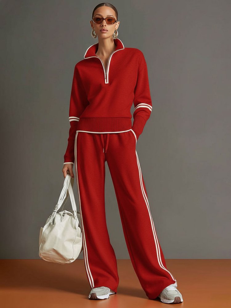 Women's Lounge Set with Half-Zip Pullover and Wide-Leg Pants