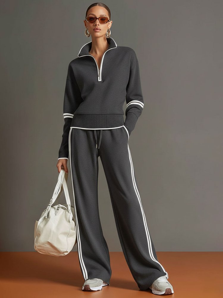 Women's Lounge Set with Half-Zip Pullover and Wide-Leg Pants