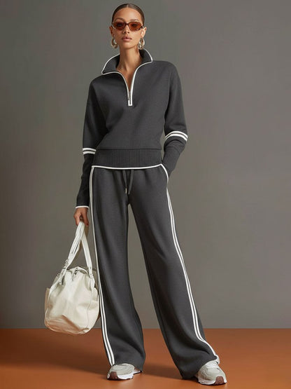 Women's Lounge Set with Half-Zip Pullover and Wide-Leg Pants