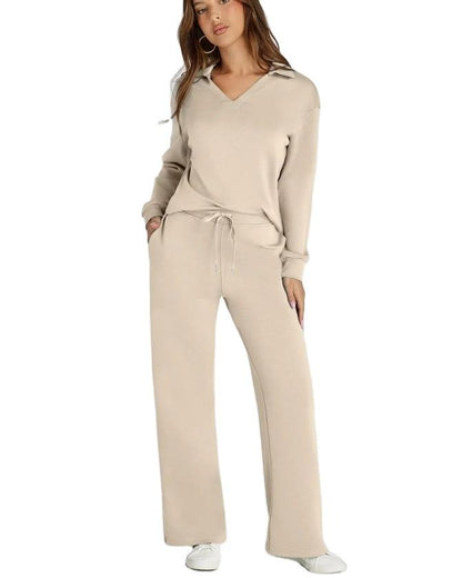 Women's Loungewear Set with V-Neck Long Sleeve Top and Wide-Leg Pants
