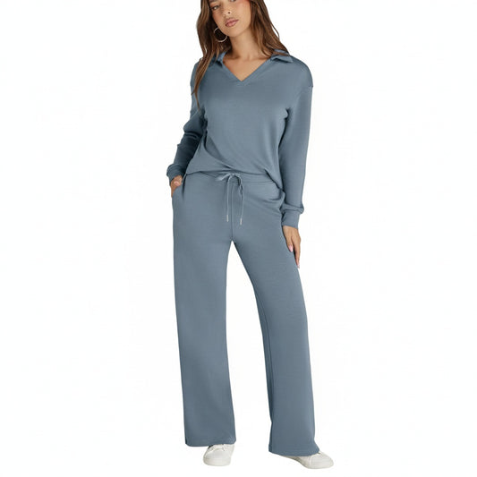 Women's Loungewear Set with V-Neck Long Sleeve Top and Wide-Leg Pants