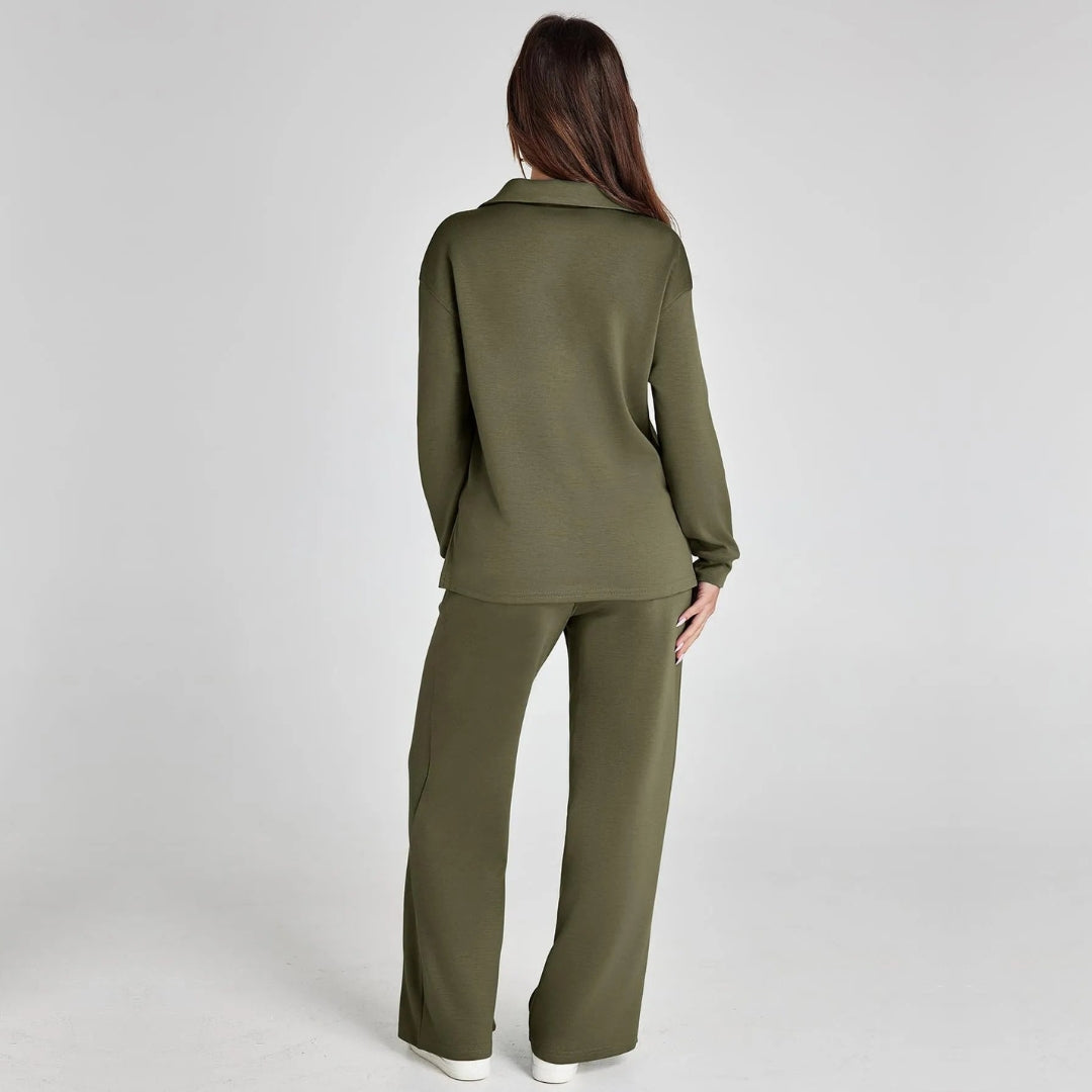 Women's Loungewear Set with V-Neck Long Sleeve Top and Wide-Leg Pants