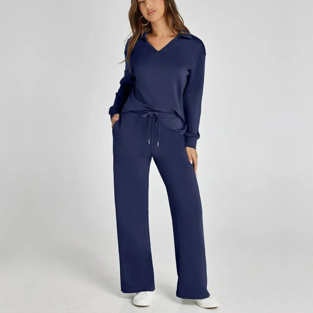 Women's Loungewear Set with V-Neck Long Sleeve Top and Wide-Leg Pants