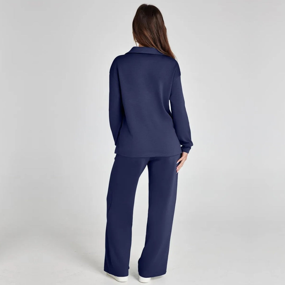 Women's Loungewear Set with V-Neck Long Sleeve Top and Wide-Leg Pants