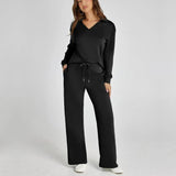 Women's Loungewear Set with V-Neck Long Sleeve Top and Wide-Leg Pants