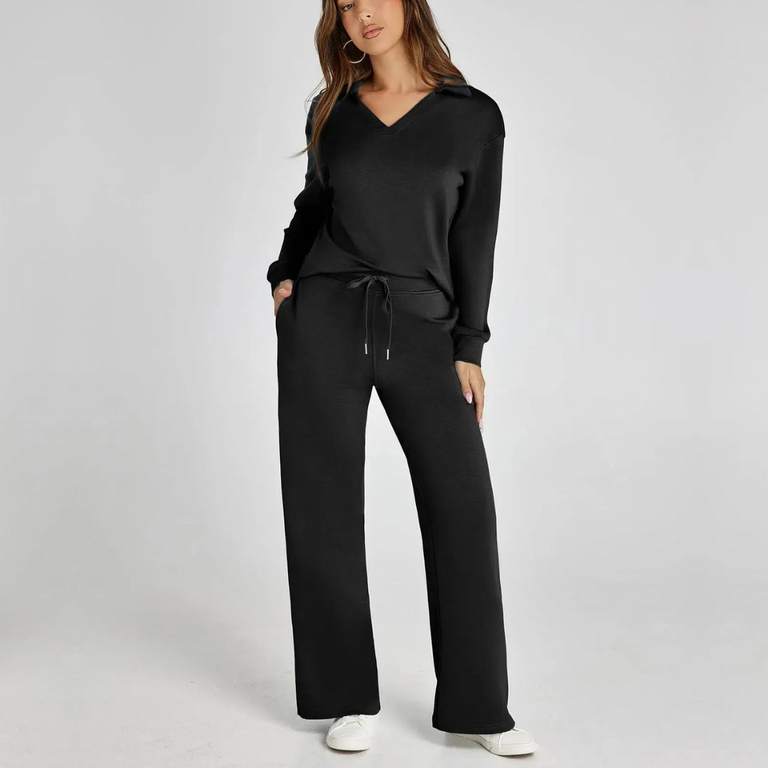 Women's Loungewear Set with V-Neck Long Sleeve Top and Wide-Leg Pants