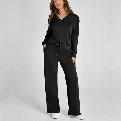 Women's Loungewear Set with V-Neck Long Sleeve Top and Wide-Leg Pants
