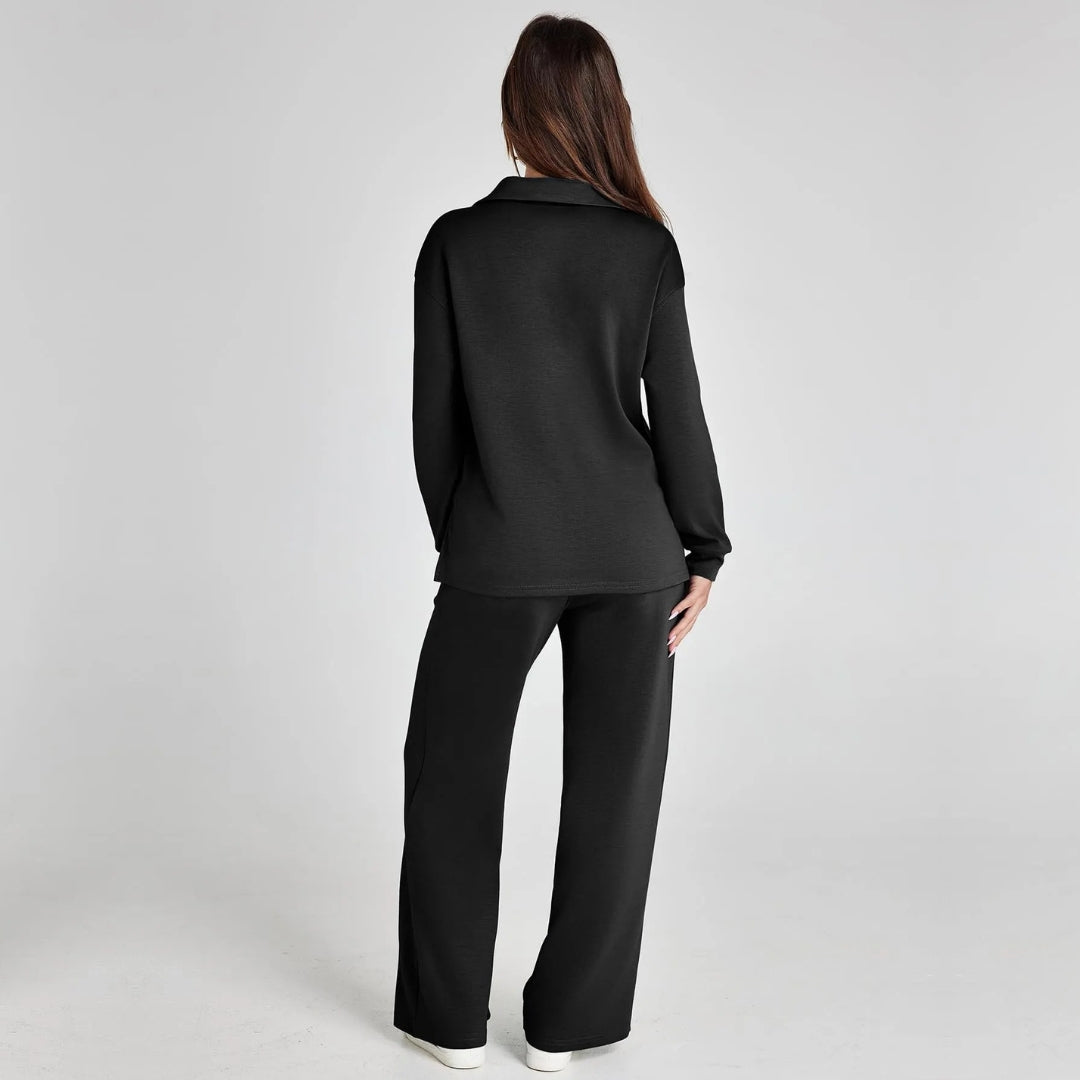 Women's Loungewear Set with V-Neck Long Sleeve Top and Wide-Leg Pants