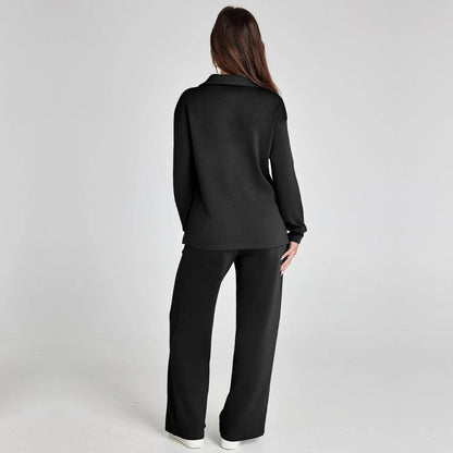 Women's Loungewear Set with V-Neck Long Sleeve Top and Wide-Leg Pants