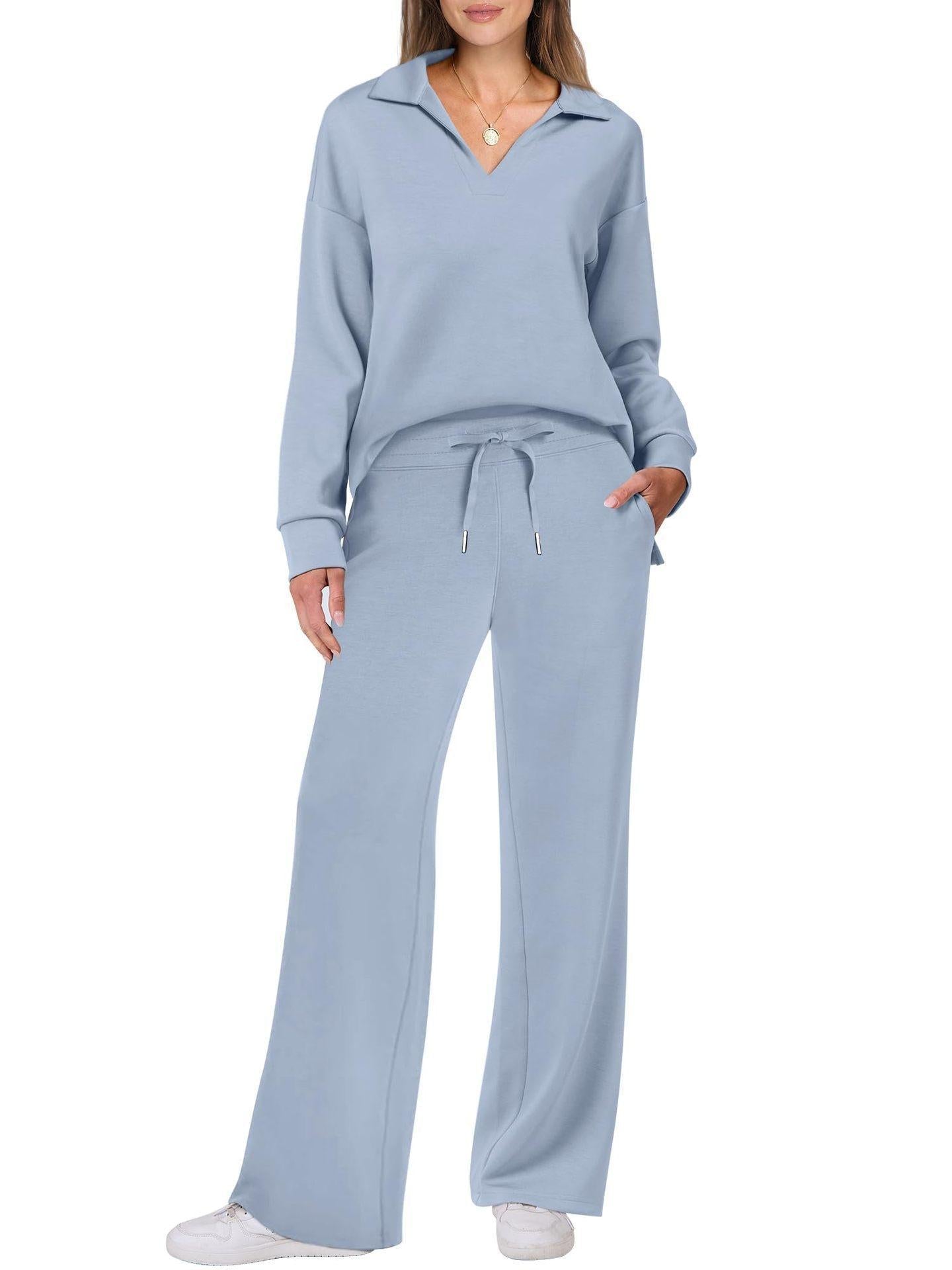 Women's Loungewear Set with V-Neck Long Sleeve Top and Wide-Leg Pants