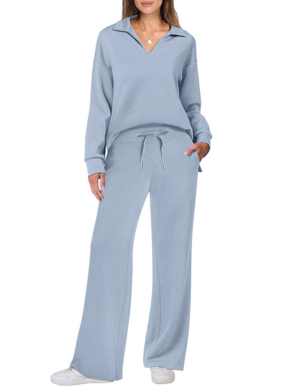 Women's Loungewear Set with V-Neck Long Sleeve Top and Wide-Leg Pants