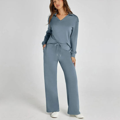 Women's Loungewear Set with V-Neck Long Sleeve Top and Wide-Leg Pants