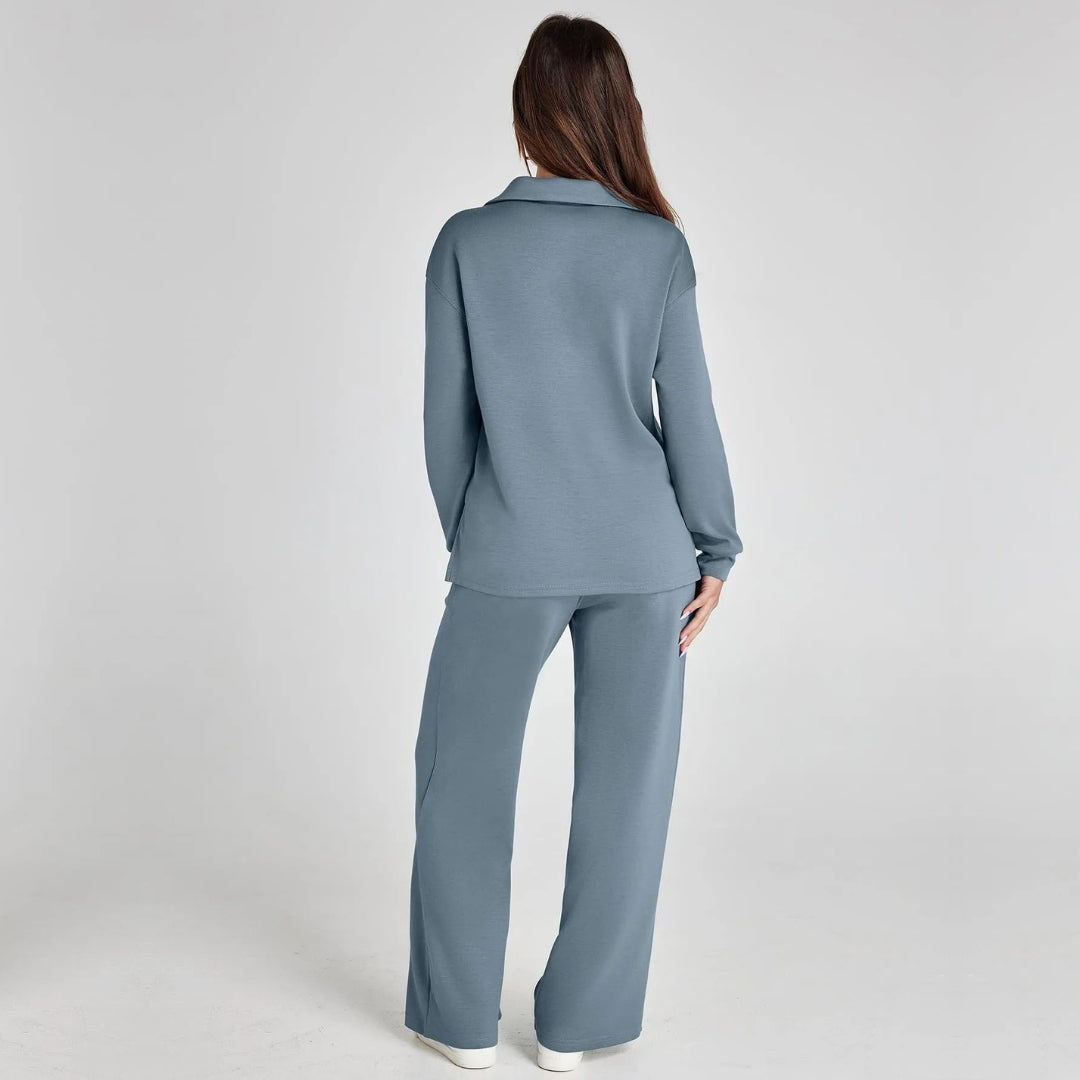 Women's Loungewear Set with V-Neck Long Sleeve Top and Wide-Leg Pants