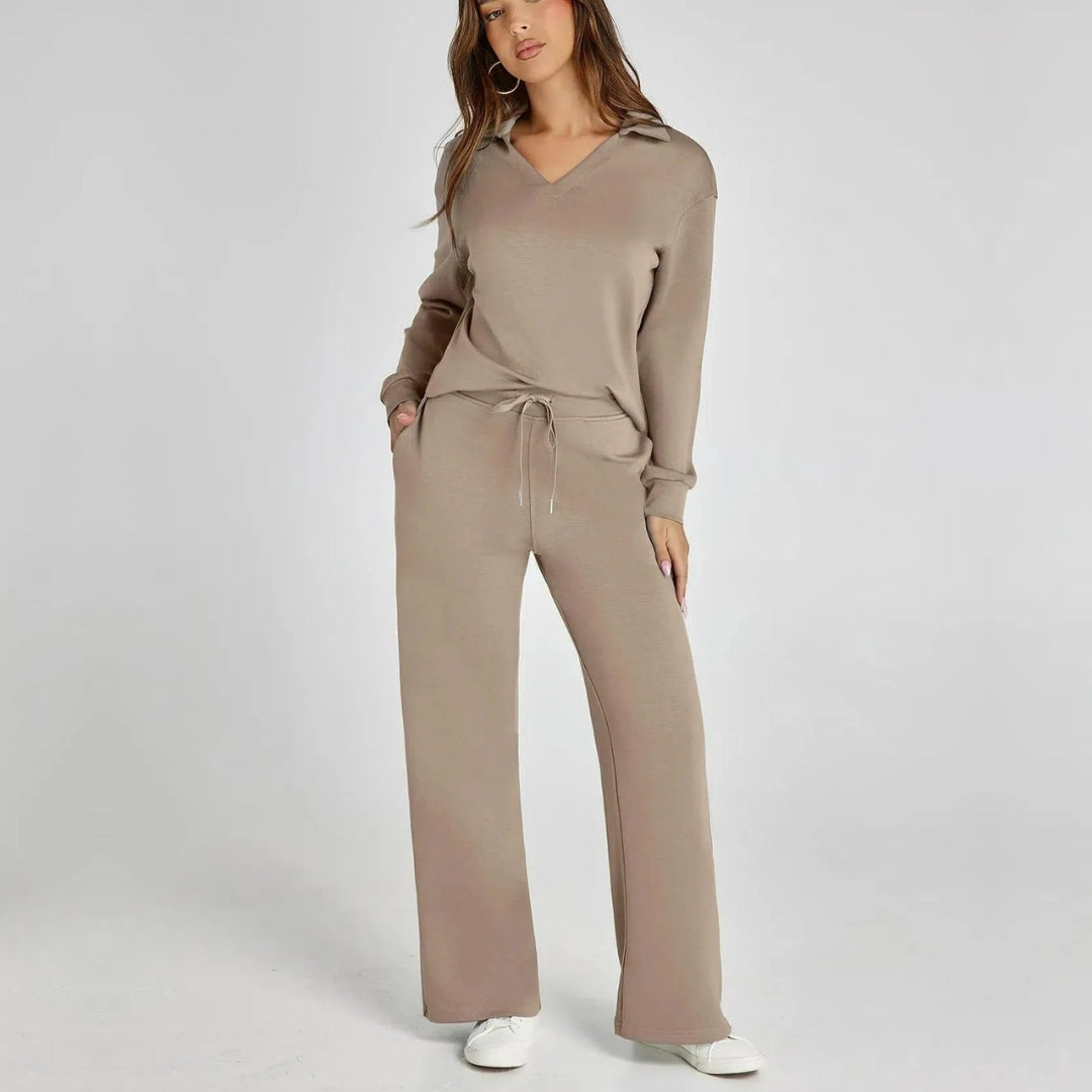 Women's Loungewear Set with V-Neck Long Sleeve Top and Wide-Leg Pants