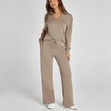 Women's Loungewear Set with V-Neck Long Sleeve Top and Wide-Leg Pants