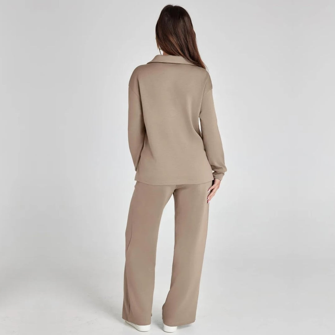 Women's Loungewear Set with V-Neck Long Sleeve Top and Wide-Leg Pants