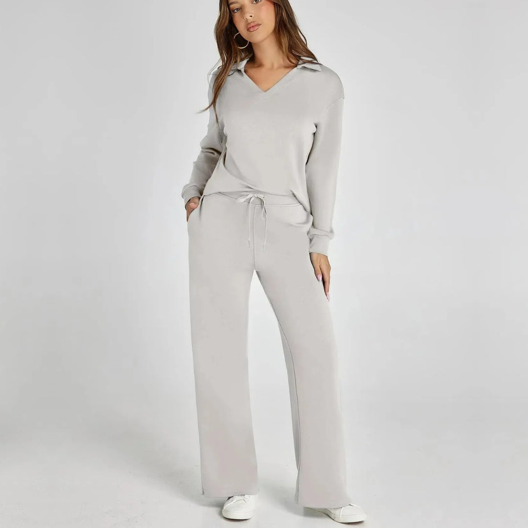 Women's Loungewear Set with V-Neck Long Sleeve Top and Wide-Leg Pants