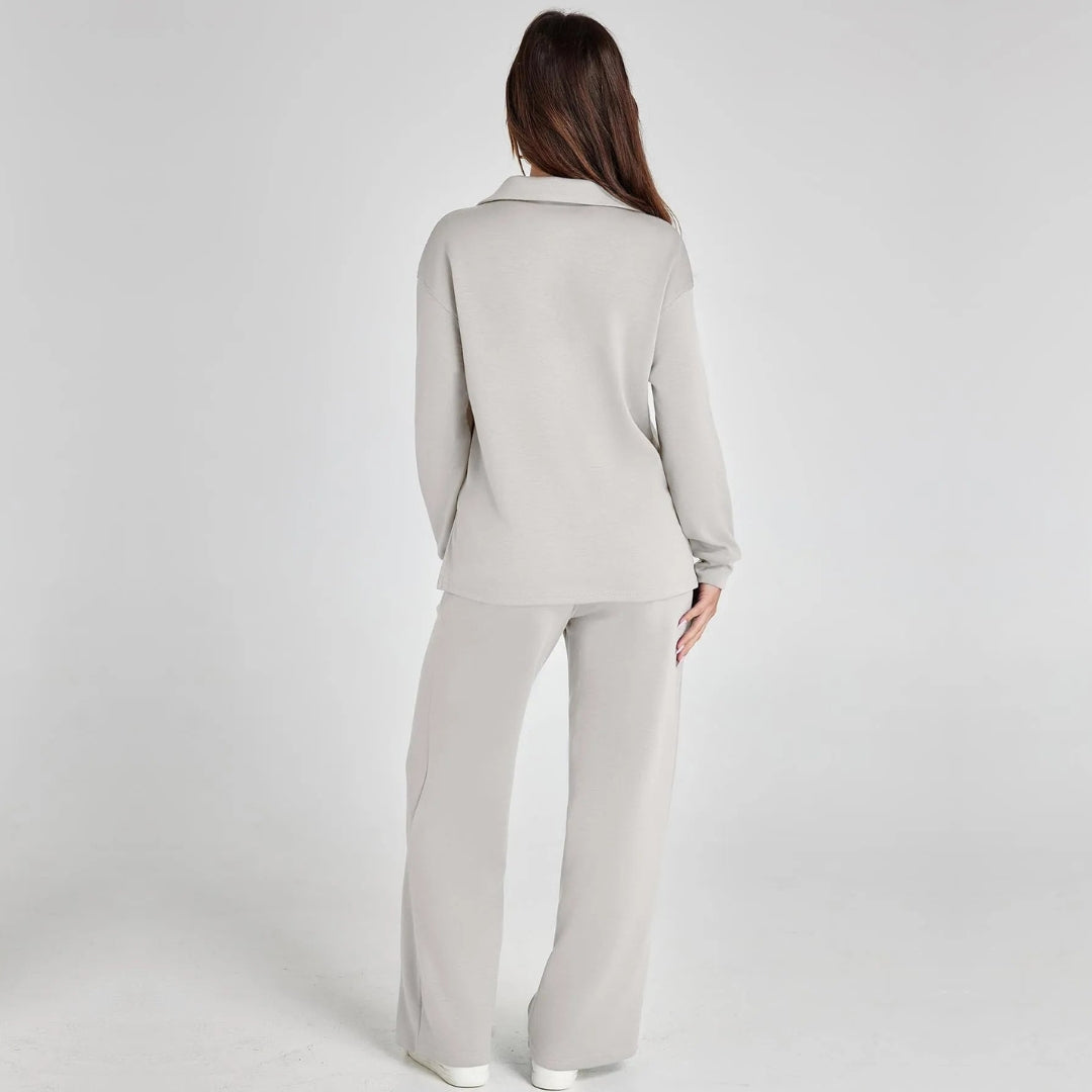 Women's Loungewear Set with V-Neck Long Sleeve Top and Wide-Leg Pants