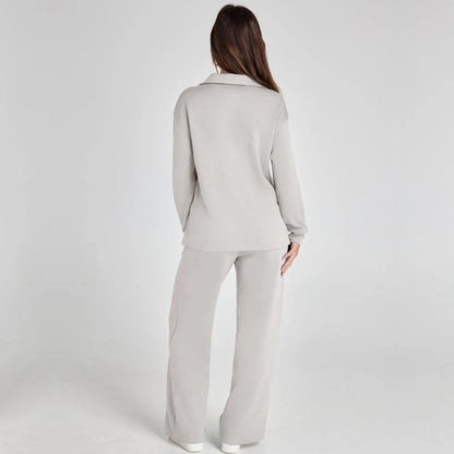 Women's Loungewear Set with V-Neck Long Sleeve Top and Wide-Leg Pants