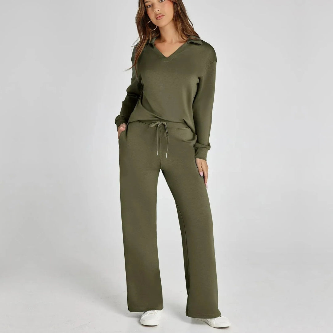 Women's Loungewear Set with V-Neck Long Sleeve Top and Wide-Leg Pants