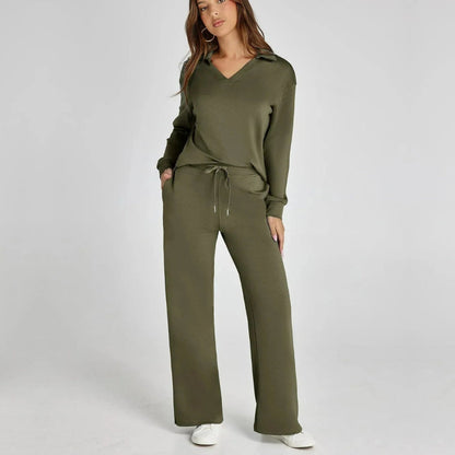 Women's Loungewear Set with V-Neck Long Sleeve Top and Wide-Leg Pants