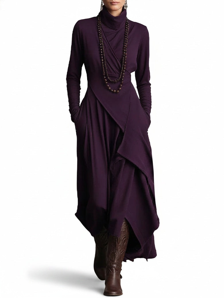 Women's Maxi Dress Long Sleeve Turtleneck with Asymmetric Draped Skirt
