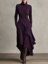 Women's Maxi Dress Long Sleeve Turtleneck with Asymmetric Draped Skirt