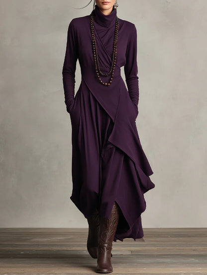 Women's Maxi Dress Long Sleeve Turtleneck with Asymmetric Draped Skirt