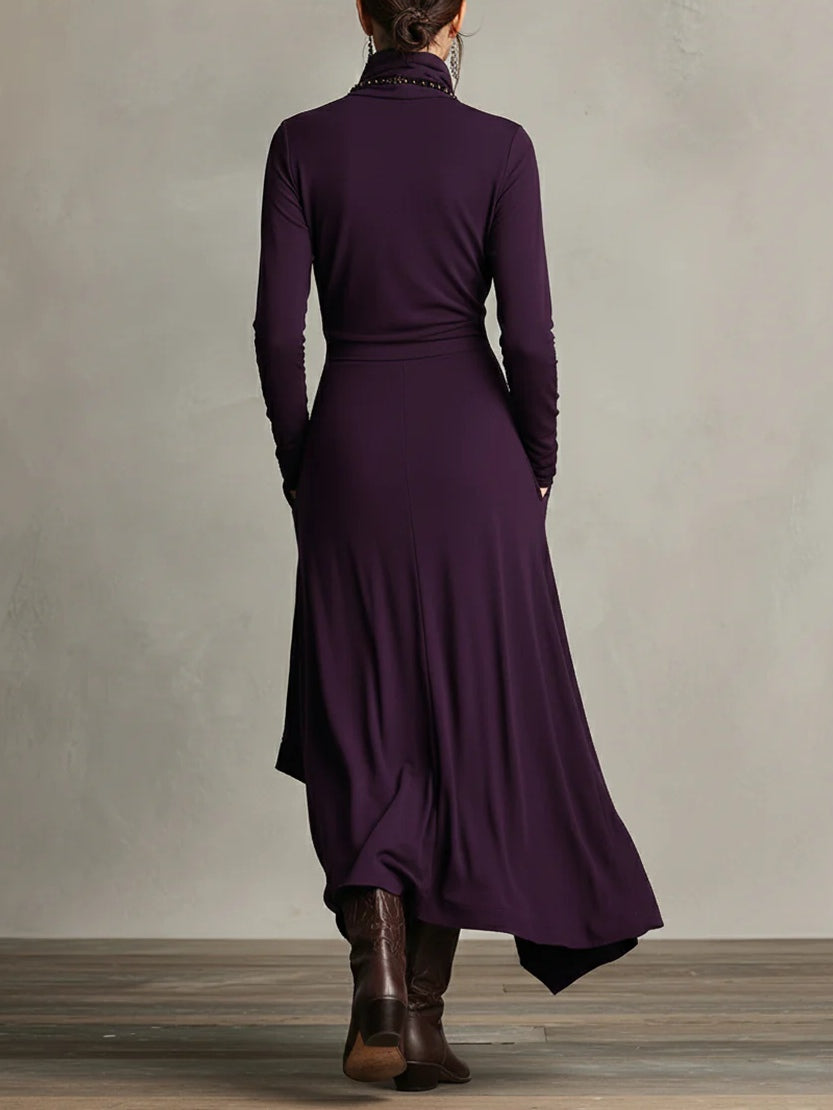 Women's Maxi Dress Long Sleeve Turtleneck with Asymmetric Draped Skirt