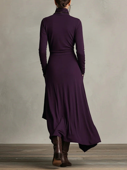 Women's Maxi Dress Long Sleeve Turtleneck with Asymmetric Draped Skirt