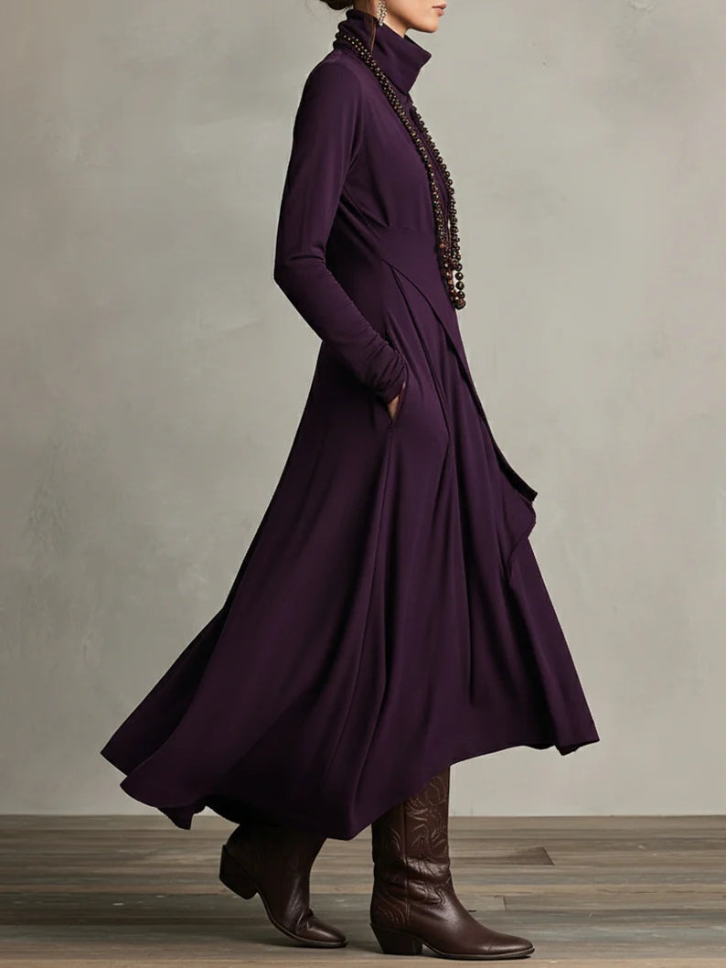 Women's Maxi Dress Long Sleeve Turtleneck with Asymmetric Draped Skirt