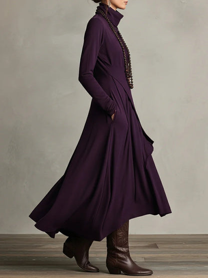 Women's Maxi Dress Long Sleeve Turtleneck with Asymmetric Draped Skirt