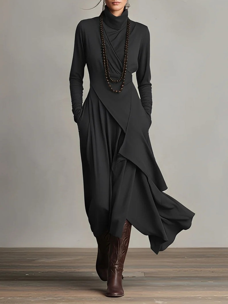 Women's Maxi Dress Long Sleeve Turtleneck with Asymmetric Draped Skirt