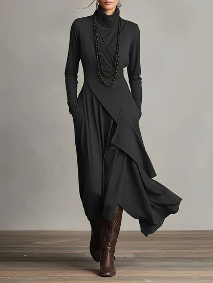 Women's Maxi Dress Long Sleeve Turtleneck with Asymmetric Draped Skirt