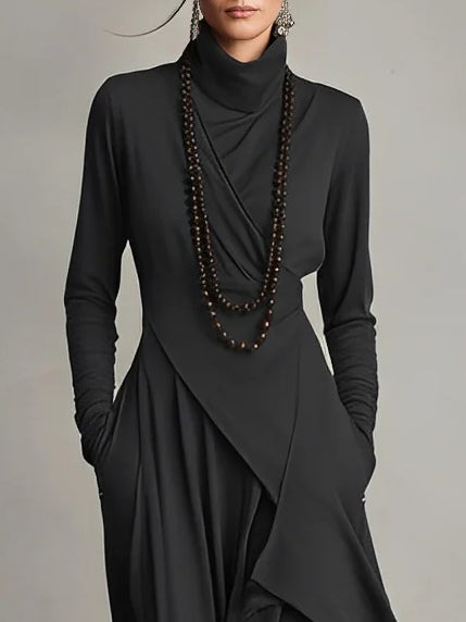 Women's Maxi Dress Long Sleeve Turtleneck with Asymmetric Draped Skirt