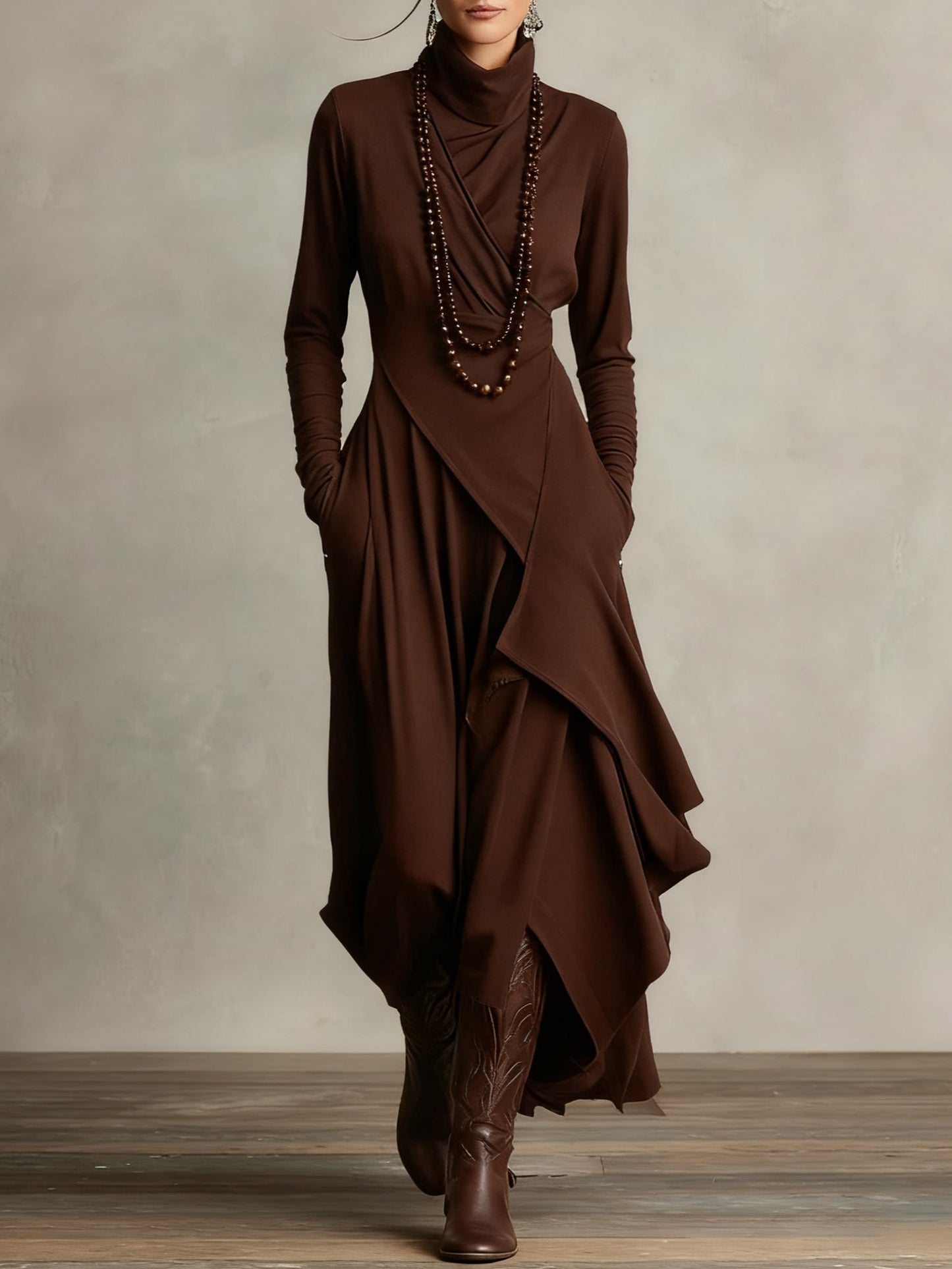 Women's Maxi Dress Long Sleeve Turtleneck with Asymmetric Draped Skirt