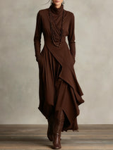 Women's Maxi Dress Long Sleeve Turtleneck with Asymmetric Draped Skirt