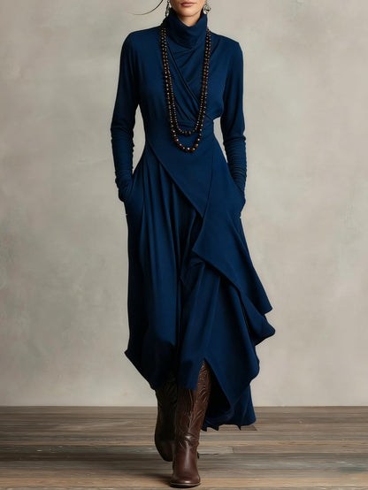 Women's Maxi Dress Long Sleeve Turtleneck with Asymmetric Draped Skirt