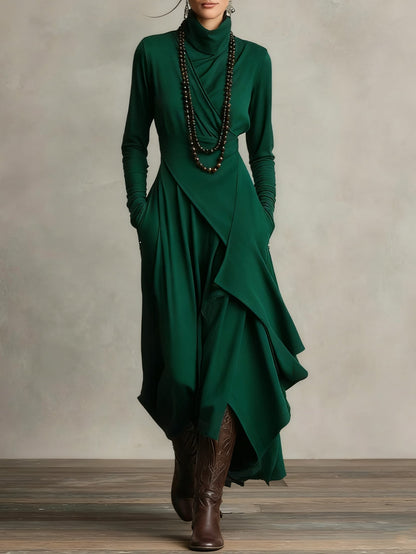 Women's Maxi Dress Long Sleeve Turtleneck with Asymmetric Draped Skirt