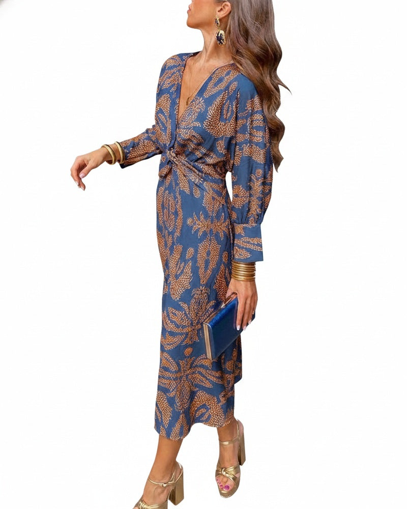 Women's Maxi Dress Long Sleeve V-Neck with Twist Waist and Floral Print