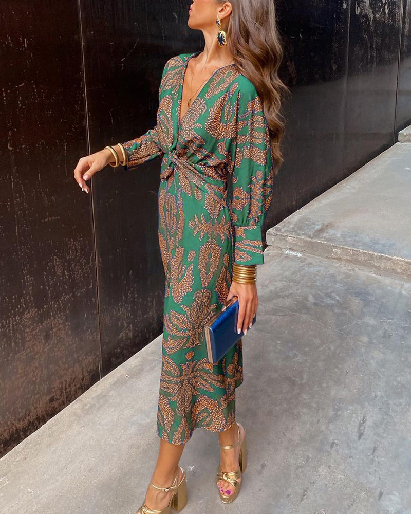 Women's Maxi Dress Long Sleeve V-Neck with Twist Waist and Floral Print