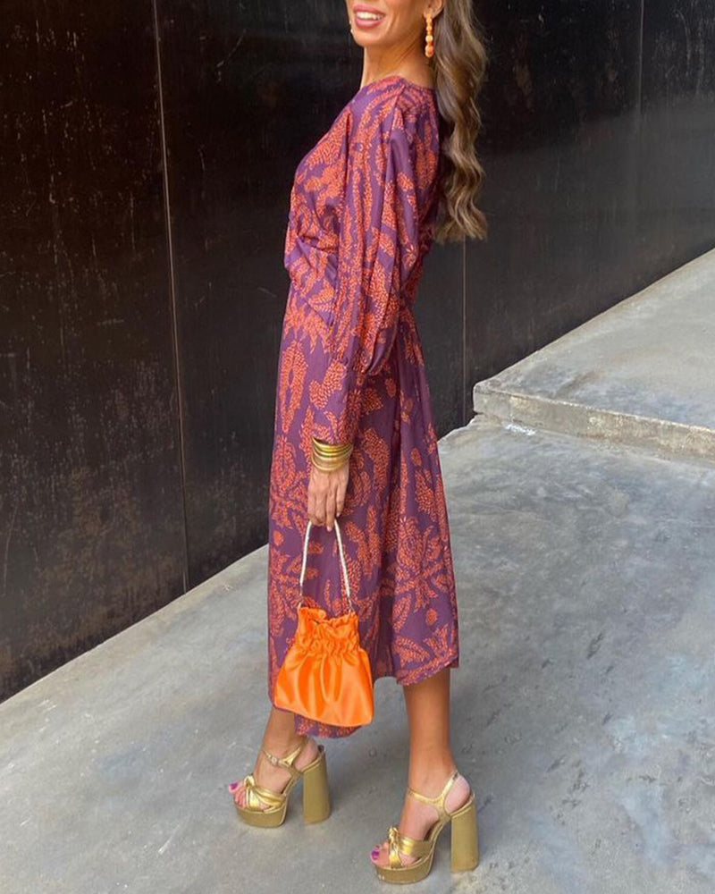 Women's Maxi Dress Long Sleeve V-Neck with Twist Waist and Floral Print
