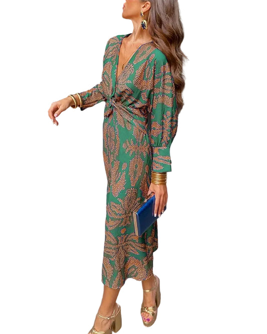 Women's Maxi Dress Long Sleeve with Deep V-Neck and Twist Waist Knot