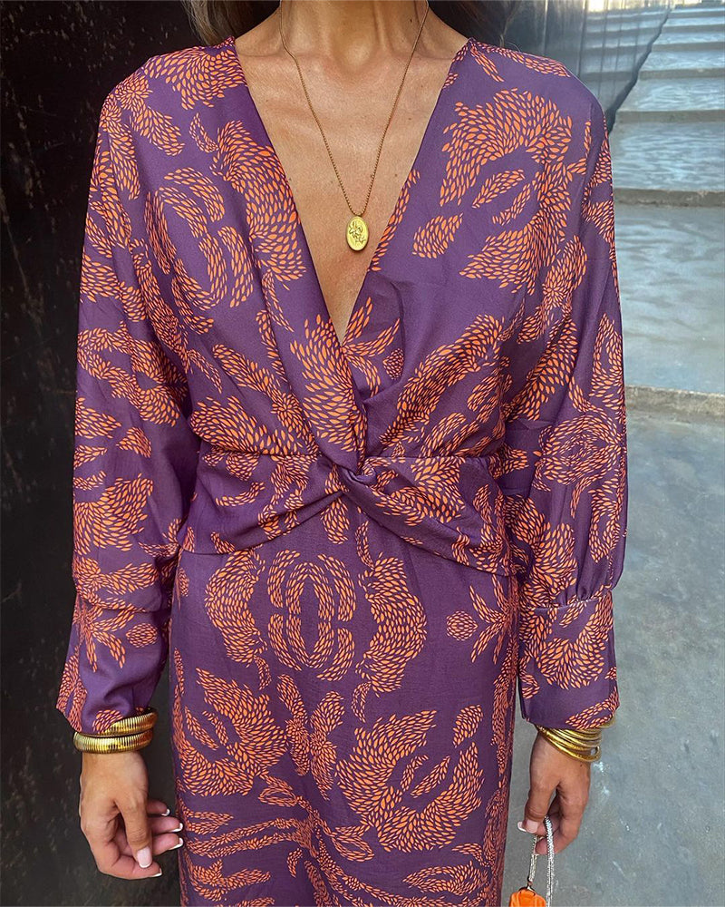 Women's Maxi Dress Long Sleeve with Deep V-Neck and Twist Waist Knot